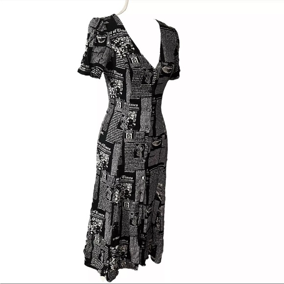 Reformation Sz 6 Locklin Newsprint Maxi Dress Button Down Front Floral Back Tie - Picture 3 of 8